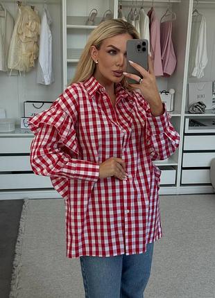 Рубашка оверсайз принт в клетку рюши на рукавах воланы классическая