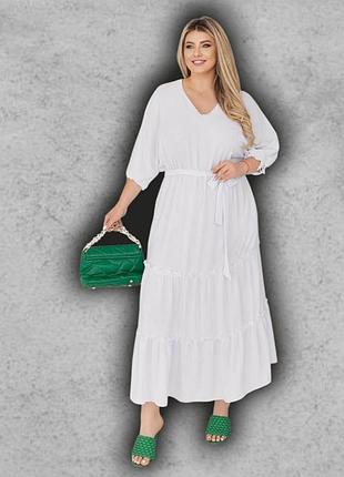 Плаття довге жіночі літнє розкльошене з рукавами три чверті із зав'язками батал білий