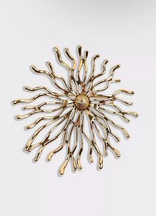 Абстрактна велика брошка кулон "сонце", ефектна металева брошка сонце, колір античне золото