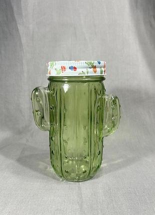 Стакан коктейльний скляний у формі кактуса з кришкою під трубочку 450 мл, кактус