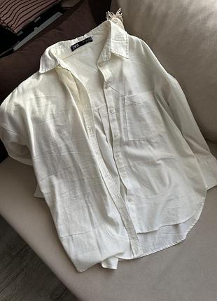 Льняна біла сорочка zara, базова обʼємна сорочка, рубашка зара