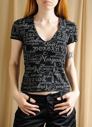 Топ morgan с принтом винтажная надпись черный укороченный кроп футболка сеточка y2k винтаж