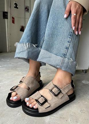 Босоніжки сабо мюлі бежеві сандалі з ремінцем натуральна замша коричневі бежеві