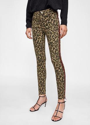 Zara женские узкие джинсы с леопардовым принтом и бархатной отделкой, эластичные стрейчевые джинсовые брюки скинни, размер xs/s