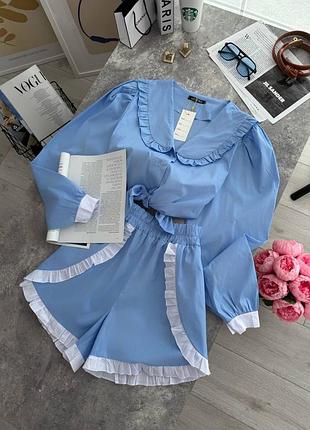 Котоновий костюм з рюшами сорочка та шорти