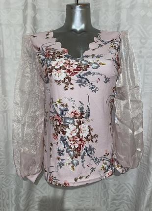 Блуза сорочка рожева квіти органза