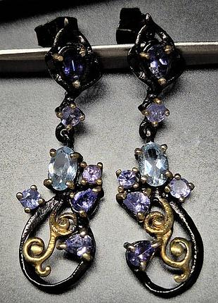 Серьги подвески серебряные женские с натуральными камнями танзанитами и топазами сережки ручной работы