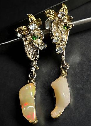 Серьги висюльки серебряные женские с натуральными камнями эфиопскими опалами, топазами и хромдиопсидами