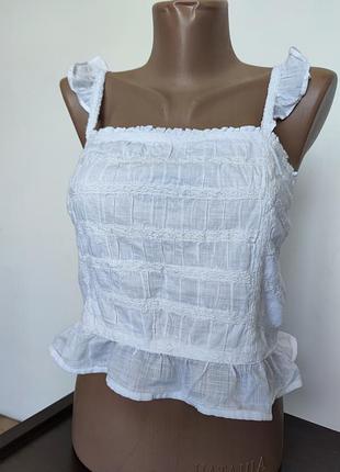 Белая хлопковая майка/топ с рюшами и эластичной спинкой, размер s-m