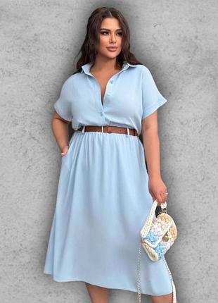Женское летнее платье миди из штапеля с пышной юбкой трапеция с короткими рукавами платья голубой