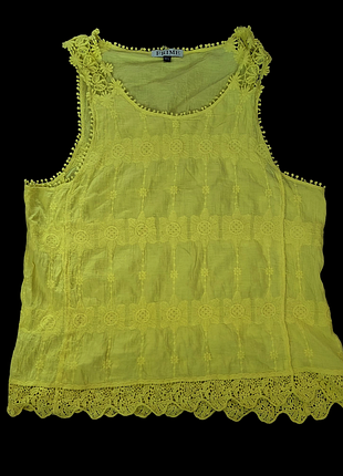 Ярко желтая желтая натуральная блузка, майка, топ, коттон, прошва, кружево