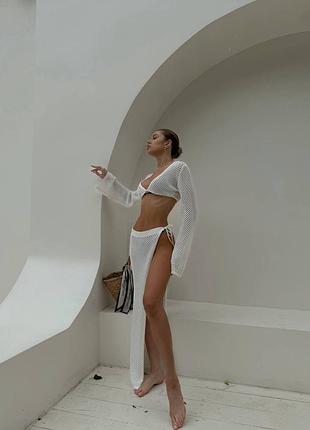 Вязаный пляжный костюм хлопок топ лонг и юбка