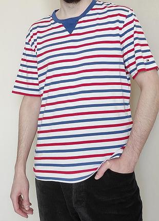 Футболка чоловіча tommy hilfiger 100 % бавовна розмір xl полосата на літо / червоний блакитний білий