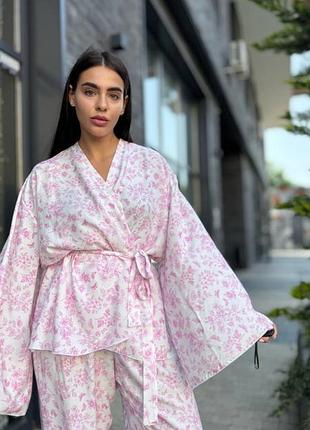 Брючный костюм кимоно рубашка на запахе пояс штаны палаццо цветы цветочный принт рисунок двойка шелк