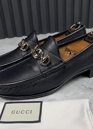 Gucci interlocking gg logo loafers heels black leather чоловічі туфлі лофери оригінал 41.5 eur