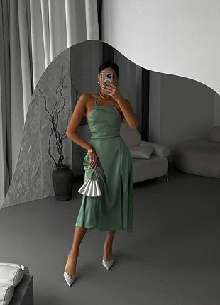 Сукня міді шовкова з розрізом по нозі на брителях якісна стильна трендова чорна оливкова