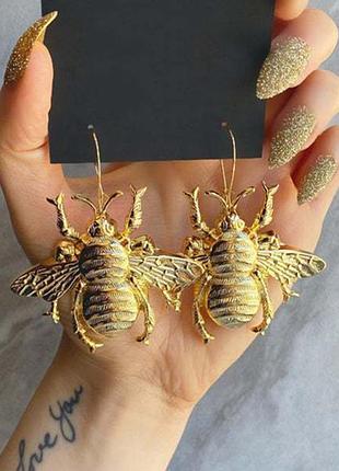 Серьги женские золотые жуки пчелки новые