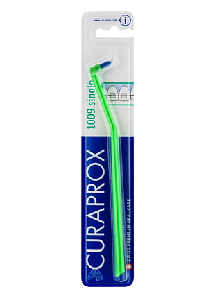 Зубная щетка монопучковая curaprox cs 1009 single & sulcular, 9 мм (светло-зеленый/синий)