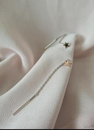 Срібні сережки протяжки зірка з золотою пластиною.