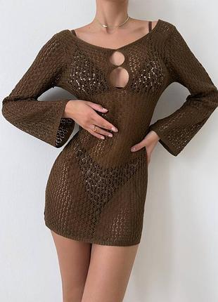 Ажурна пляжна накидка туніка мокко