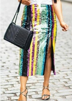 Zara нарядная юбка миди с разрезом в ярких пайетках р м
