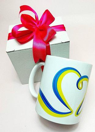 Кружка керамическая с принтом "прапор украины" 330 мл в подарочной коробке с бантом