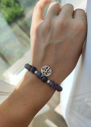 Браслет аметист+морский перламутр+подвеска дерево 925 серебро