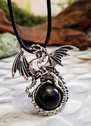 🔺🐉⛓ кулон на шнурке "дракон" натуральный камень черный оникс