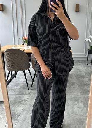 Костюм женский рубашка брюки лён в полоску черный 42-52 р
