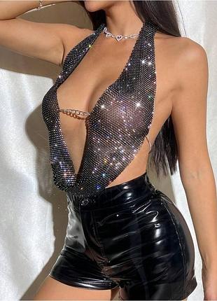 Сверкающий топ shein rhinestone chain halter backless design top