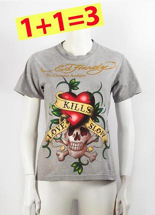 Футболка с сердцем и черепом фирменная ed hardy, love kills slow, унисекс