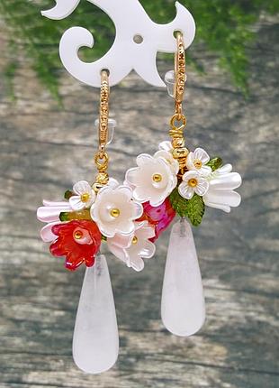 💐🌟 нежные серьги-бриолеты "весенний букет" с натуральным белым кварцем