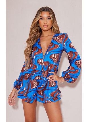 Prettylittlething синій комбінезон з абстрактним принтом і ґудзиками розмір 38