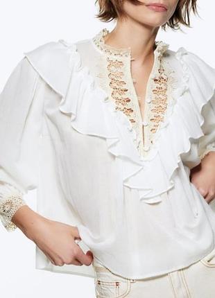 Zara котоновая блуза свободного кроя кружево кроше /12379/