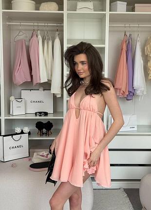 Жіноча літня рожева шифонова на завʼязках сукня коротка міні