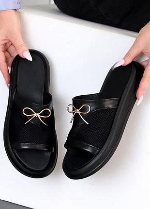 Шльопанці "vivo", чорні, натуральна шкіра/сітка