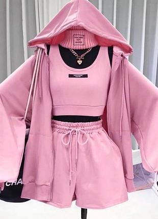 Костюм спортивний 3ка топ мастерка шорти рожевий сірий чорний