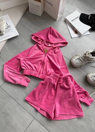 Женский летний велюровый костюм шорты со стразами и кофта на замке зепка худи голубой розовый