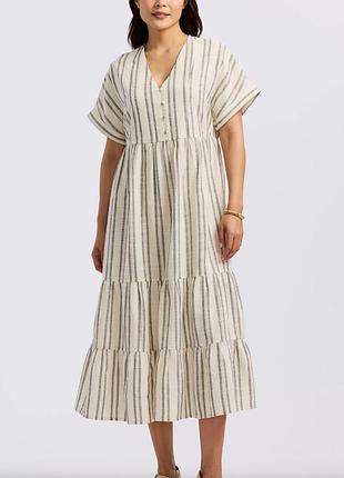 Актуальна котонова  багатоярусна смугаста сукня міді