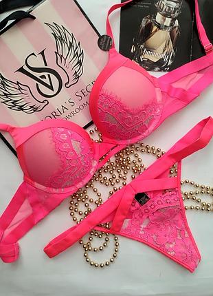 Комплект білизни victoria's secret bombshell 34a 75a m 38 з подвійним пуш ап великим ажурний