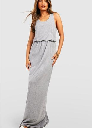 Довга максі сукня майка плаття пояс резинка в пол меланж сіра базова зручна віскоза трендова