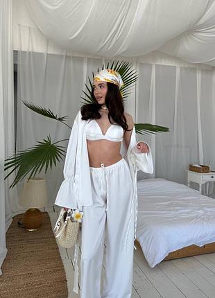 Жіночий літній молочний шовковий костюм трійка сорочка кімоно,топ та штани палаццо