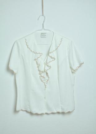 Винтажная блуза с рюшами на воротнике с вышивкой летняя белая молочная шведка скидки 1+1=31 фото
