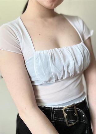 Білий топ сітка з коротким рукавом вінтаж стиль y2k