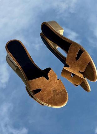 Ціну знижено 🔥 в наявності трендові шльопанці на зручному каблуці натур замш руді 28,5 см