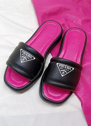 Тапочки сланцы шлепанцы кожаные черные prada