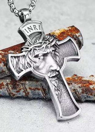 Мужской кулон подвеска с цепочкой inri на шею из медицинской стали под серебро с крестом