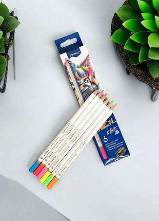 Карандаши цветные неоновые 6 шт + точилка marco