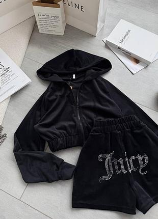 Велюровый костюм с шортами стразы juicy и укороченный худи с молнией