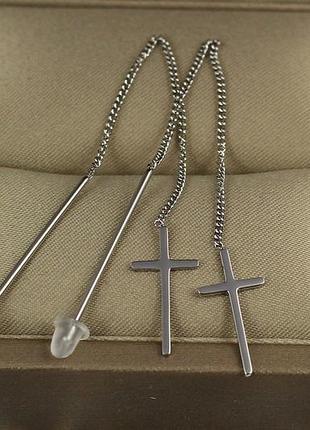 Серьги продевки xuping jewelry длинные крестики 9 см серебристые